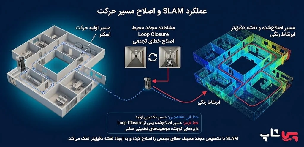 نمایش مسیر حرکت دستگاه و اصلاح خطای تجمعی با فناوری SLAM